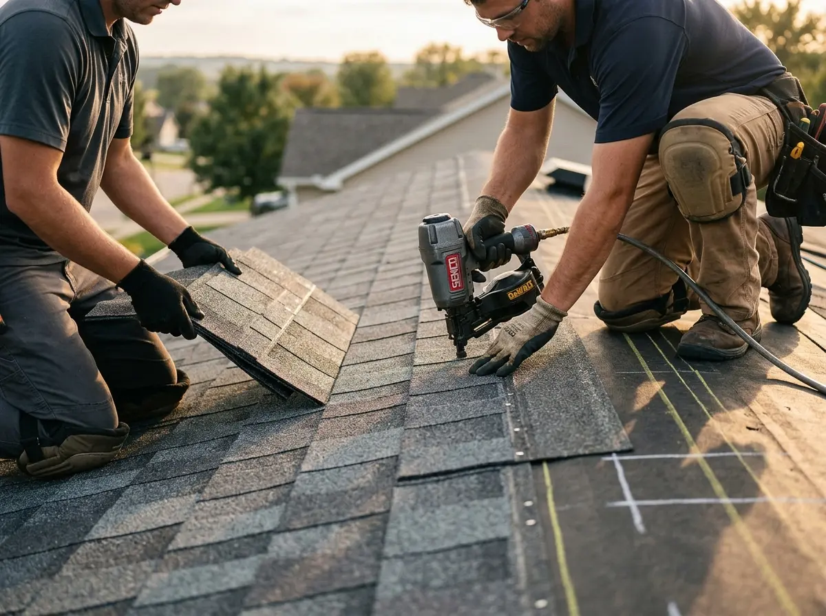Professional roofer working on a residential roof in Pinewood